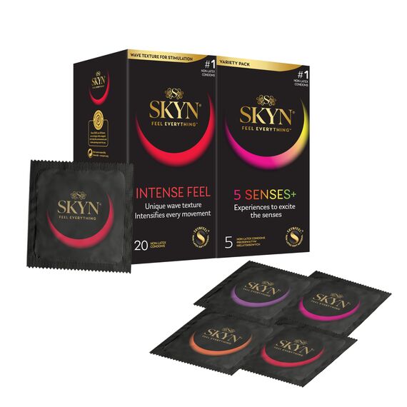 SKYN Intense Feel (20 Stück) & 5 Senses (5 Stück)| Latexfreie Kondome für Männer, Gefühlsecht Hauchzart, Extra Starken Noppen, Stimulierend, Kondome 53mm Breite
