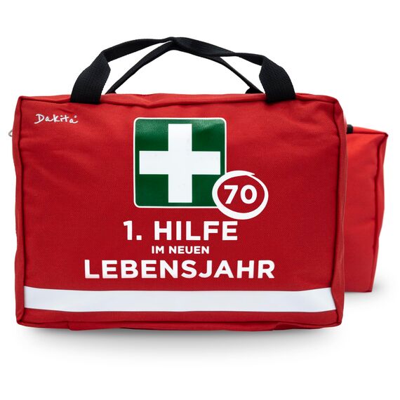 Dakita Erste-Hilfe Tasche zum 70. Geburtstag – Lustiges Geschenk für Männer & Frauen - Als Verpackung für Kleinigkeiten – 28×18×8 cm – rot, ohne Inhalt