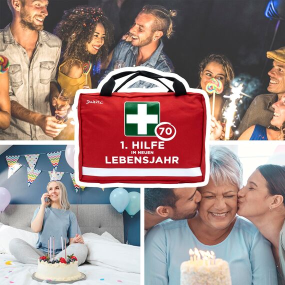 Dakita Erste-Hilfe Tasche zum 70. Geburtstag – Lustiges Geschenk für Männer & Frauen - Als Verpackung für Kleinigkeiten – 28×18×8 cm – rot, ohne Inhalt