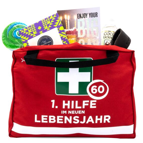 Dakita Erste-Hilfe Tasche zum 60. Geburtstag – Lustiges Geschenk für Männer & Frauen – 28×18×8 cm – rot, ohne Inhalt