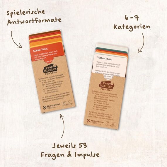 PaarMinuten Doppelpack – 2 Spiele mit je 53 spielerischen Gesprächsimpulsen für Paare – Valentinstagsgeschenk 2026, für Frauen, Männer, Eltern, Fragekarten für zwischendurch ... (D) DOPPELPACK