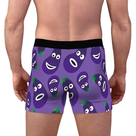 Aueyan, Lustige Herren-Unterwäsche, Boxershorts mit niedlichem Auberginen-Druck, Lila, Kein Eingriff, Mittlere Taille, Atmungsaktiv, Kühlend, Feuchtigkeitsableitend