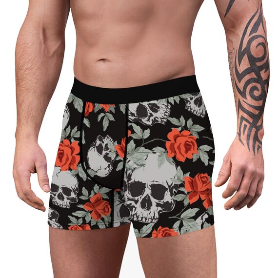 Aueyan, Totenkopf-Unterwäsche für Herren, Halloween-Unterwäsche, Totenkopf-Boxer, Skelett-Druck, Kostümzubehör, Gothic-Unterhose, Emo-Grau, Totenkopf-Druck, Rose, Größe M