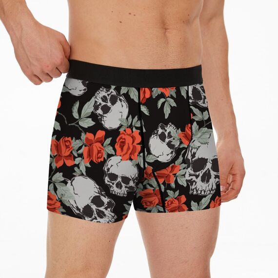 Aueyan, Totenkopf-Unterwäsche für Herren, Halloween-Unterwäsche, Totenkopf-Boxer, Skelett-Druck, Kostümzubehör, Gothic-Unterhose, Emo-Grau, Totenkopf-Druck, Rose, Größe M