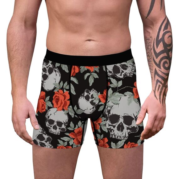 Aueyan, Halloween-Boxershorts für Herren, Totenkopf-Boxershorts, Skelett-Druck, Herren-Boxershorts, Emo-Accessoires, Graue Unterhose, Rose, Größe XL