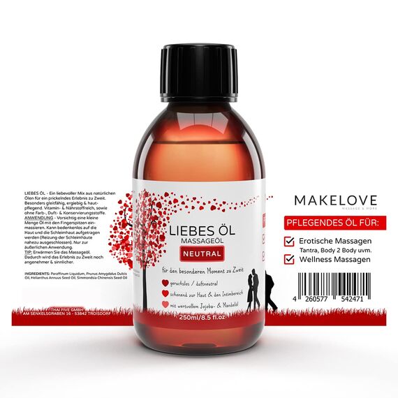 MakeLove Massageöl Liebesöl Set: 5 x 250ml (Neutral, Rose, Jasmin, Ylang Ylang & Kokos) für Erotische Massage | Partnermassage | Tantra