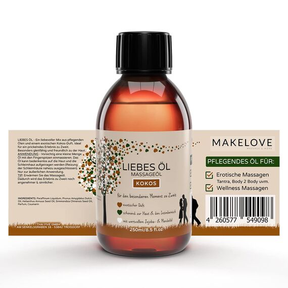 MakeLove Massageöl Kokos 250ml - Sinnliches Liebesöl für Partnermassagen - Pflegeöl für Ganzkörper-Massagen - Gleitöl