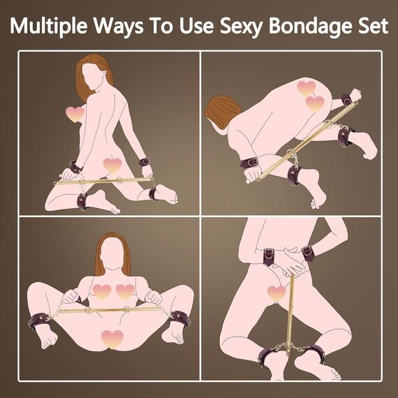 BDSM Bondage Spreizstange Sexspielzeug Set, 10er Sex Rot Leder Fesseln Set mit Handschellen Fußfessel, BDSM Verstellbare Bettfesseln Spielzeug Hart für Paare Frauen Sex