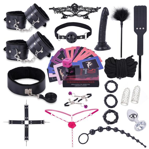 BDSM Sex Bondage Sexspielzeug Set, Extrem Fesseln Set mit Handschellen Fußfesseln Peitsche Nippelklammern Knebel Analplug und Spitze Augenmaske, 25 Stück SM Fesseln Spielzeug Hart für Paare