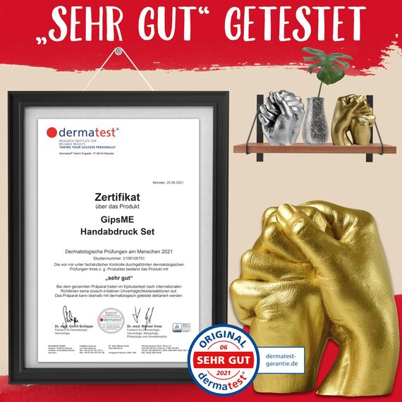 GipsME 3D Handabdruck Set für Paare mit Farbe metallic Gold [ Made in Germany ] Jahrestag Geschenk für Ihn & Sie, personalisierte Partner Geschenke zur Hochzeit, Gipsabdruck Hände Paar