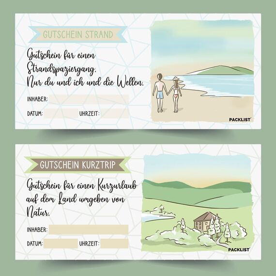 PACKLIST® Gutscheine für Paare, 22 romantische Gutscheine voller Abenteuer für ein gemeinsames Erlebnis - 16 Pläne + 6 individuelle Geschenkgutscheine, nach Belieben ausfüllbar. Originelles Geschenk