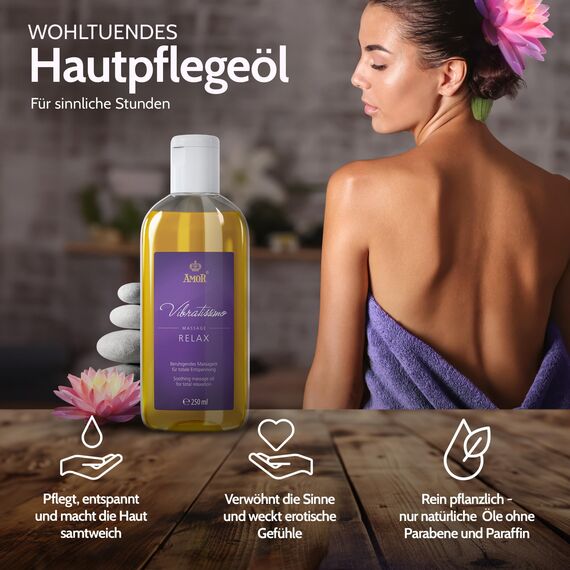 Vibratissimo Relax 250 ml Massageöl - Tief entspannende Duftmischung - Beruhigend, Stressabbau, Entspannung & Gleitöl