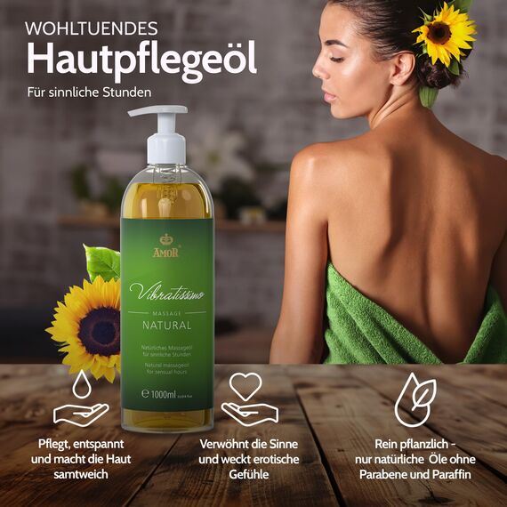 Vibratissimo Natural 1000 ml Massageöl - Sanfte Pflege mit Natürlichen Inhaltsstoffen - Hautfreundlich, Gleitöl, Liebesöl