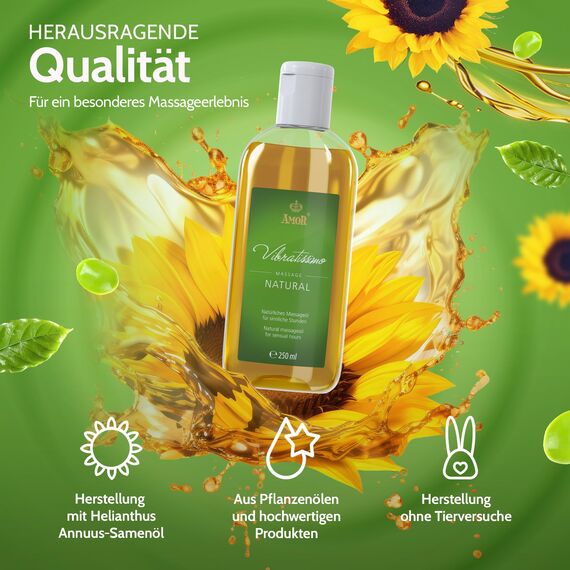 Vibratissimo Natural 250 ml Massageöl - Sanfte Pflege mit Natürlichen Inhaltsstoffen - Hautfreundlich, Gleitöl, Liebesöl