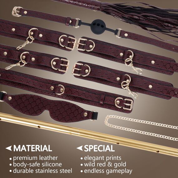 BDSM Bondage Spreizstange Sexspielzeug Set, 10er Sex Rot Leder Fesseln Set mit Handschellen Fußfessel, BDSM Verstellbare Bettfesseln Spielzeug Hart für Paare Frauen Sex