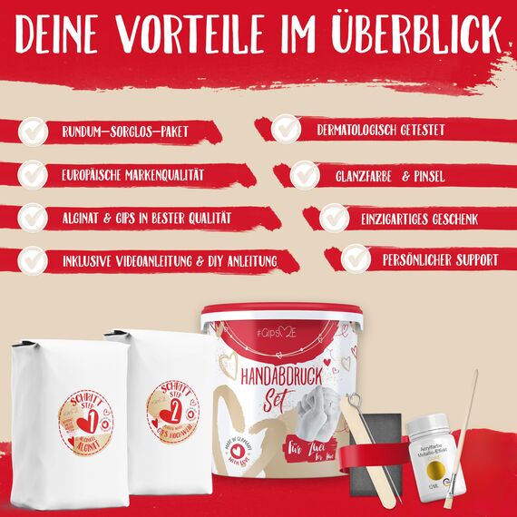 GipsME 3D Handabdruck Set für Paare mit Farbe metallic Gold [ Made in Germany ] Jahrestag Geschenk für Ihn & Sie, personalisierte Partner Geschenke zur Hochzeit, Gipsabdruck Hände Paar