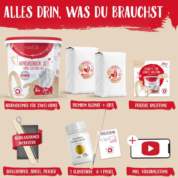 GipsME 3D Handabdruck Set für Paare mit Farbe metallic Gold [ Made in Germany ] Jahrestag Geschenk für Ihn & Sie, personalisierte Partner Geschenke zur Hochzeit, Gipsabdruck Hände Paar