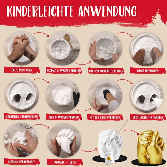GipsME 3D Handabdruck Set für Paare mit Farbe metallic Gold [ Made in Germany ] Jahrestag Geschenk für Ihn & Sie, personalisierte Partner Geschenke zur Hochzeit, Gipsabdruck Hände Paar