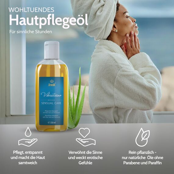 Vibratissimo Sensual Care 250 ml Massageöl - Pflegend mit Aloe Vera - Beruhigend, Feuchtigkeitsspendend, HautPflege & Gleitöl