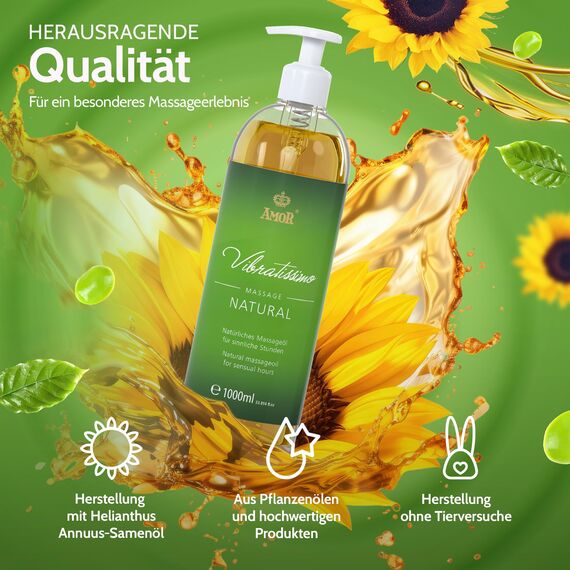 Vibratissimo Natural 1000 ml Massageöl - Sanfte Pflege mit Natürlichen Inhaltsstoffen - Hautfreundlich, Gleitöl, Liebesöl
