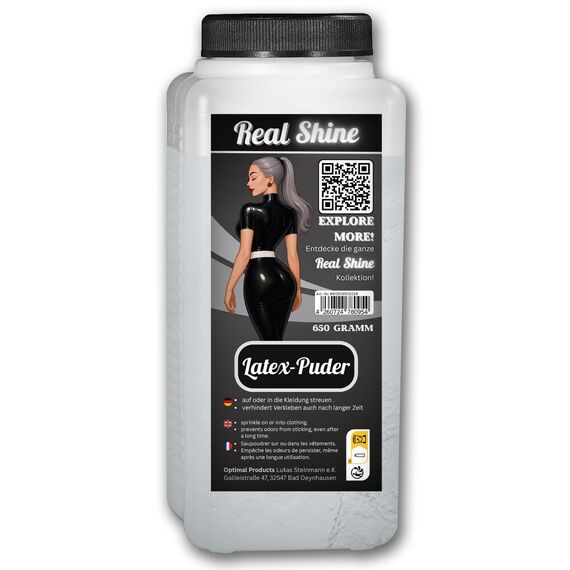 Optimal Products Latex Puder REALSHINE 650 g I weißes Talkum Puder geeignet als Anziehhilfe für Latex Kleidung, Latexhandschuhe sowie deren Einlagerung I geruchloses Pharma Qualität Talk antistatisch