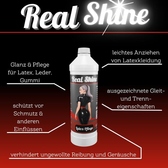 Optimal Products Latexpflege REALSHINE Silikonöl 1 Liter I dermatologisch getestetes Öl für Latex I professionelle Gummipflege und ergiebige Anziehhilfe I geruchslose Latexpflege für Hochglanz-Optik