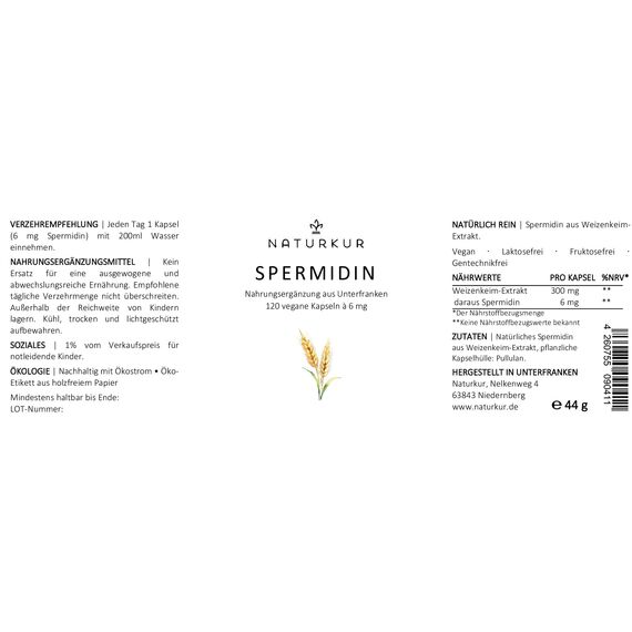 Naturkur® Spermidin 6mg - 120 Kapseln im Apothekerglas - Weizenkeim-Extrakt, vegan, ohne Zusatzstoffe, in Handarbeit hergestellt in Unterfranken