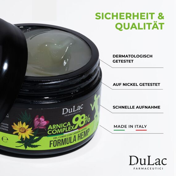 DuLàc, Arnica Complex 98 Hemp - Verstärkte Formel 300 ml, Arnika Salbe in Gel mit Teufelskralle, Hanf Sativa, Menthol und Kurkuma, zur Massage von Muskeln und Gelenken, Dermatologisch, Made in Italy