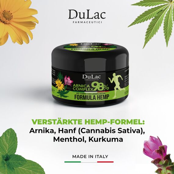 DuLàc, Arnica Complex 98 Hemp - Verstärkte Formel 300 ml, Arnika Salbe in Gel mit Teufelskralle, Hanf Sativa, Menthol und Kurkuma, zur Massage von Muskeln und Gelenken, Dermatologisch, Made in Italy