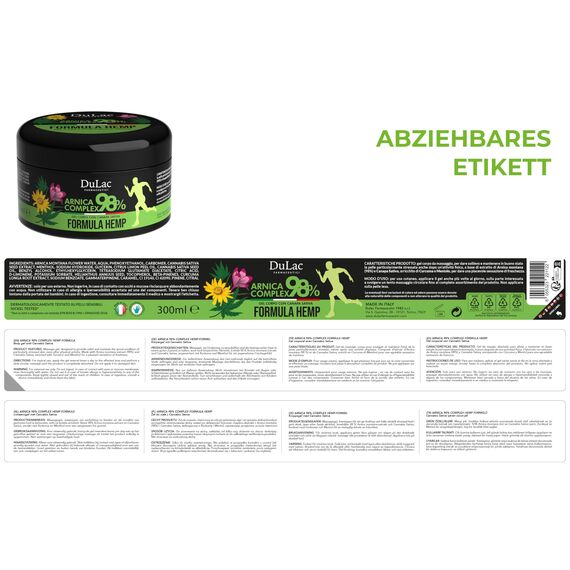 DuLàc, Arnica Complex 98 Hemp - Verstärkte Formel 300 ml, Arnika Salbe in Gel mit Teufelskralle, Hanf Sativa, Menthol und Kurkuma, zur Massage von Muskeln und Gelenken, Dermatologisch, Made in Italy