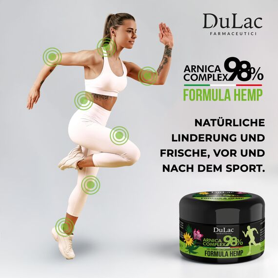 DuLàc, Arnica Complex 98 Hemp - Verstärkte Formel 300 ml, Arnika Salbe in Gel mit Teufelskralle, Hanf Sativa, Menthol und Kurkuma, zur Massage von Muskeln und Gelenken, Dermatologisch, Made in Italy