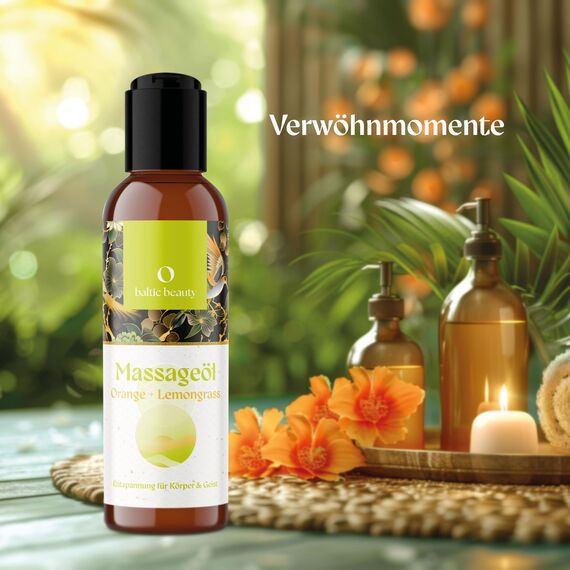 Baltic Beauty Exklusives Massageöl - Orange Lemongrass - Aromatisches Massageöl für sinnliche Massagen mit frischem Duft und pflegenden, natürlichen Inhaltsstoffen