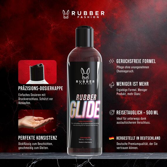 Rubberfashion RubberGlide Silikonöl, Latexpflege & Latex Anziehhilfe Öl, Silikonoel fuer Latexkleidung, Shine Glanz Silikon Öl für Latex Kleidung, Gummi & Fetisch Outfits, Silicon oil 500ml