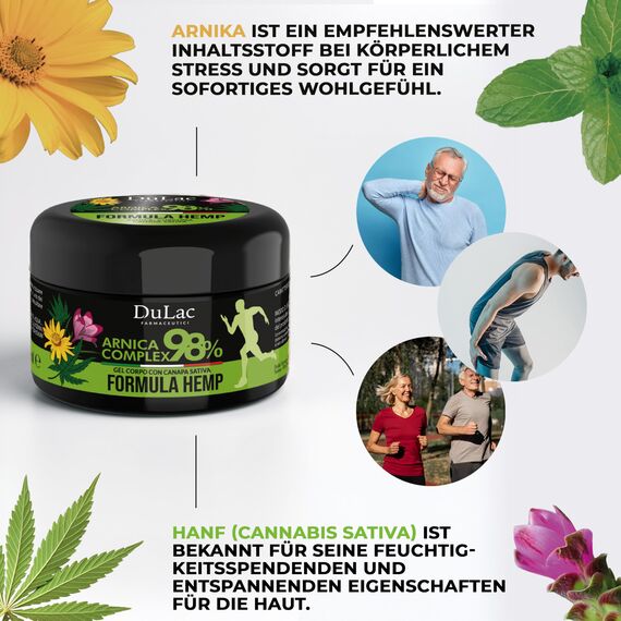 DuLàc, Arnica Complex 98 Hemp - Verstärkte Formel 300 ml, Arnika Salbe in Gel mit Teufelskralle, Hanf Sativa, Menthol und Kurkuma, zur Massage von Muskeln und Gelenken, Dermatologisch, Made in Italy