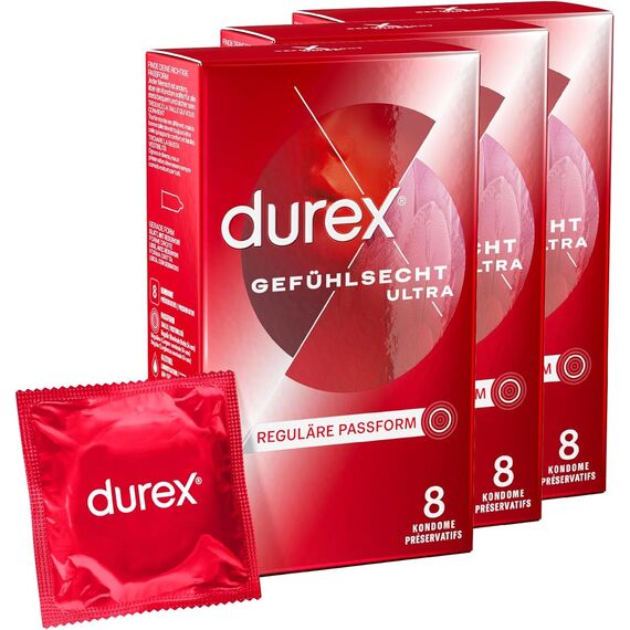 Durex Gefühlsecht Ultra Kondome – Extra dünne Spitze & mit Silikongleitgel befeuchtet – 24er Pack (3 x 8 Stück)