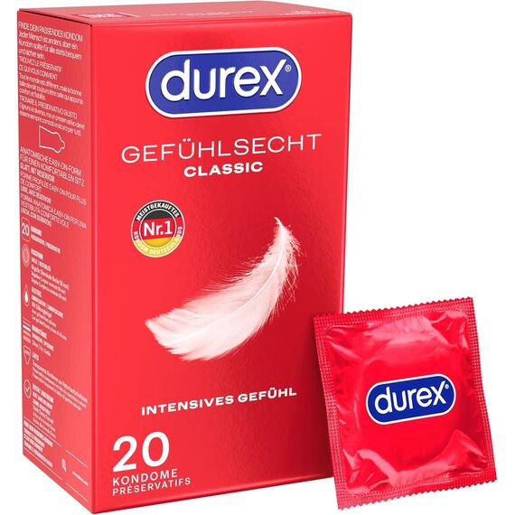 Durex Gefühlsecht Classic Kondome – 40 Hauchzarte Kondome für intensives Empfinden und innige Zweisamkeit - 2 x 20 Stück
