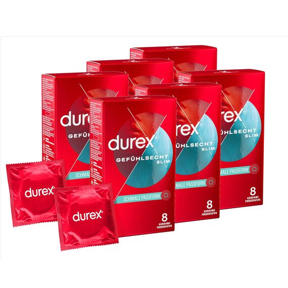 Durex Gefühlsecht Slim Kondome – Dünne Kondome mit schmaler Passform & mit Silikongleitgel befeuchtet – 48er Pack (6 x 8 Stück)
