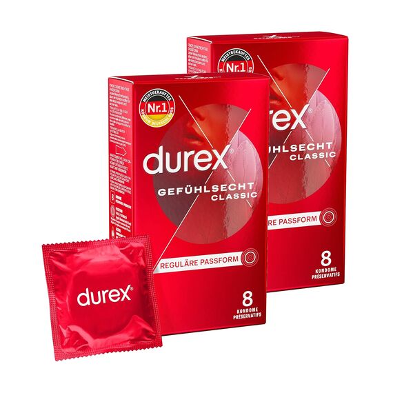 Durex Gefühlsecht Kondome – Hauchzarte Kondome für intensives Empfinden und innige Zweisamkeit – 16er Pack (1 x 16 Stück)