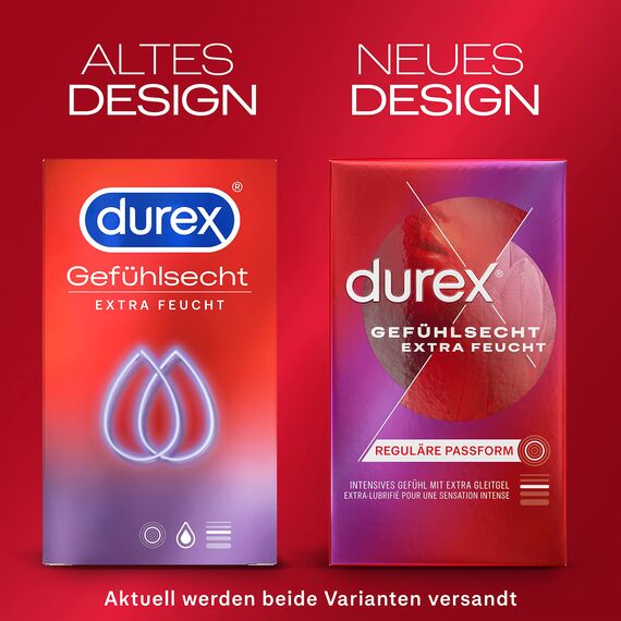 Durex Gefühlsecht Kondome - Hauchzarte Dünne Extra feucht mit Gleitgel Beschichtung für intensiveres Empfinden – 2er Pack (2 x 8 Stück)