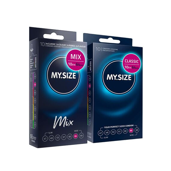 MY.SIZE Mix SET Größe 6, 64 mm: 10 Classic Kondome + 10 Kondome in 4 aufregenDen Sorten, mit Aroma, Farbe, Genoppt & Classic