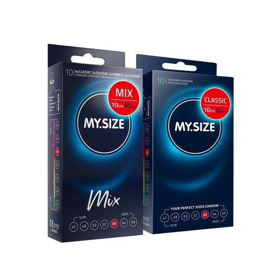 MY.SIZE Mix SET Größe 5, 60 mm: 10 Classic Kondome + 10 Kondome in 4 aufregenDen Sorten, mit Aroma, Farbe, Genoppt & Classic