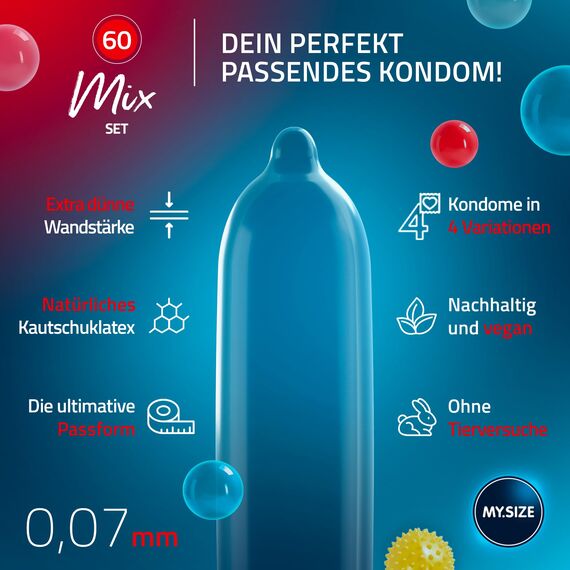 MY.SIZE Mix SET Größe 5, 60 mm: 10 Classic Kondome + 10 Kondome in 4 aufregenDen Sorten, mit Aroma, Farbe, Genoppt & Classic