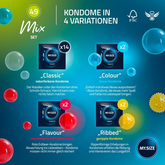 MY.SIZE Mix SET Größe 2, 49 mm: 10 Classic Kondome + 10 Kondome in 4 aufregenDen Sorten, mit Aroma, Farbe, Genoppt & Classic