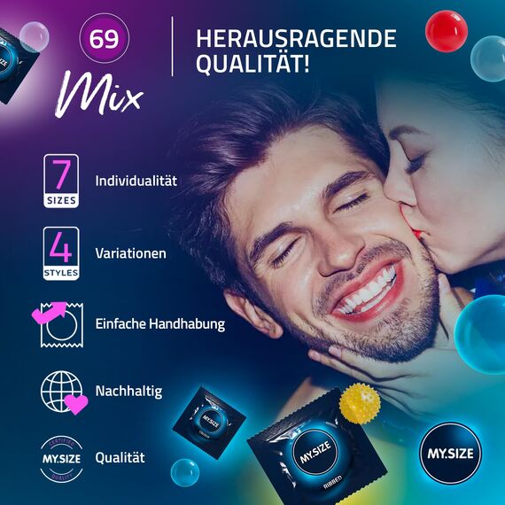 My.Size Mix Kondome Größe 7, 69 mm, Vorteilspackung, | 60 Stück | Condome in 4 aufregenDen Sorten, mit Aroma, Farbe, Genoppt & Classic I