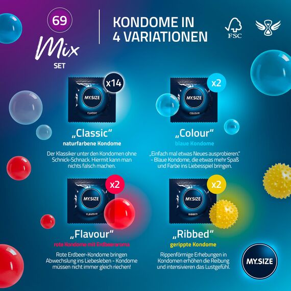 MY.SIZE Mix SET Größe 7, 69 mm: 10 Classic Kondome + 10 Kondome in 4 aufregenDen Sorten, mit Aroma, Farbe, Genoppt & Classic