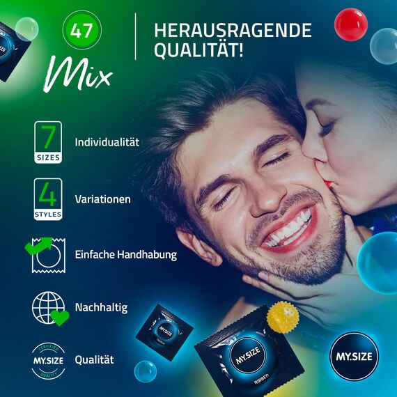 My.Size Mix Kondome Größe 1, 47 mm, Vorteilspackung, | 60 StückI Condome in 4 aufregenDen Sorten, mit Aroma, Farbe, Genoppt & Classic