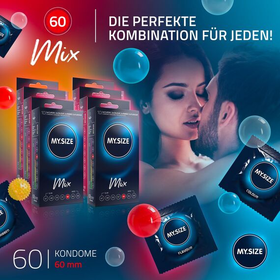 My.Size Mix Kondome Größe 5, 60 mm, Vorteilspackung, | 60 Stück | Condome in 4 aufregenDen Sorten, mit Aroma, Farbe, Genoppt & Classic