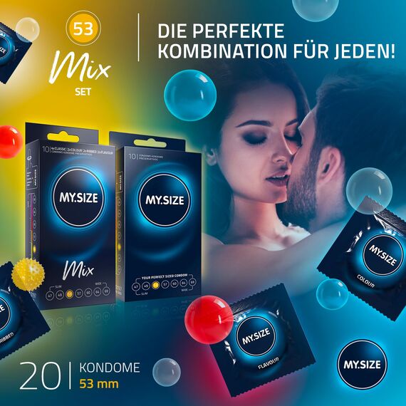 MY.SIZE Mix SET Größe 3, 53 mm: 10 Classic Kondome + 10 Kondome in 4 aufregenDen Sorten, mit Aroma, Farbe, Genoppt & Classic