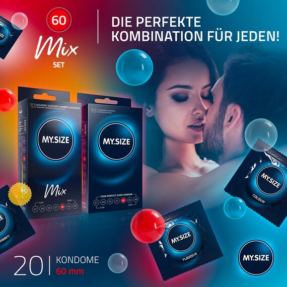 MY.SIZE Mix SET Größe 5, 60 mm: 10 Classic Kondome + 10 Kondome in 4 aufregenDen Sorten, mit Aroma, Farbe, Genoppt & Classic