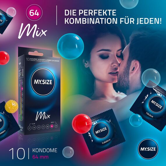 My.Size Mix Kondome Größe 6, 64 mm, Standardpackung, | 10 Stück | Condome in 4 aufregenDen Sorten, mit Aroma, Farbe, Genoppt & Classic